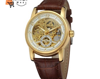 Men’s Mechanical Skeleton Watch with Leather Strap, Elegant Everyday Watch for Men