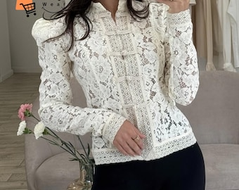 Vintage Floral Lace Blouse, Frog Button Mandarin Collar, Puff Sleeves