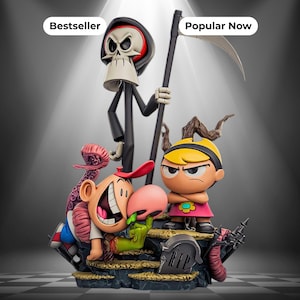 Peut inclure: Un ensemble de figurines de collection représentant trois personnages de dessin animé : un squelette en robe noire à capuche tenant une faux, un personnage blond en robe rose avec une fleur, et un personnage au gros nez avec des tentacules roses. Texte : Bestseller et Popular Now.