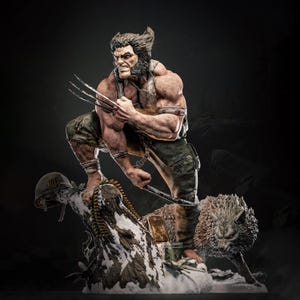 May include: A detailed statue of Wolverine, a Marvel Comics character, in a dynamic pose. He is crouched, claws extended, with a fierce expression. The statue features intricate details, including his costume, musculature, and facial features. A wolf and a helmet are also present.