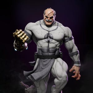 May include: A detailed statue of a muscular figure in a gray and white outfit, with a stern expression and a thick mustache. The figure is holding a golden gauntlet with glowing accents. The statue has a dynamic pose, suggesting movement.