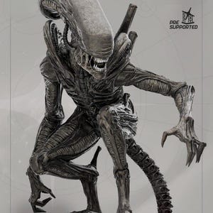 Può includere: Una scultura dettagliata, grigio scuro, di una creatura Alien, accovacciata con la coda arricciata. La creatura ha una testa lunga e liscia, denti affilati e arti allungati. La base della scultura ha il testo "PRE SUPPORTED".