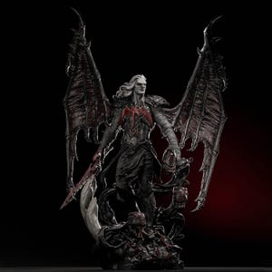 May include: A detailed statue of a character with long white hair, large bat-like wings, and a red and black armored suit. The figure is holding a sword and a skull-like object, standing on a base with grotesque details.