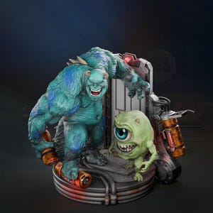 May include: A detailed sculpture featuring the characters Sully and Mike from the animated film Monsters, Inc. Sully, a large teal monster, towers over Mike, a small green cyclops. The sculpture includes industrial-style accents and a dark background.