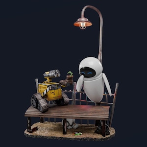 May include: A detailed figurine featuring WALL-E and EVE from the animated film. WALL-E, a yellow robot, holds a boot with a plant, while EVE, a white robot, sits on a bench under a lamppost. The scene is set on a small, detailed base.