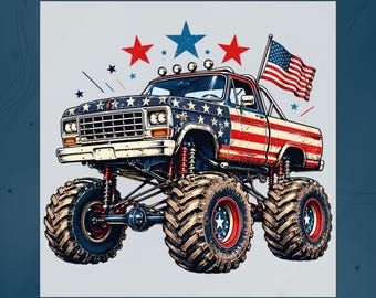 American Flag Monster Truck DTF Transfer, Patriotic Off Road Truck, 4th Of July Iron on, American Flag Truck Heat Transfer