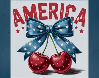 America Cherry Bow DTF Transfer, Patriotic Coquette Bow Tee Heat Press, Patriotic Cherry Ready To Press, Girly 4th Of July Shirt Iron on