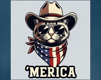 Merica Cat DTF Transfer, Patriotic Cowboy Cat 4th Of July Ready To Press, American Flag Cat Heat Transfer, USA Flag Independence Day Iron on