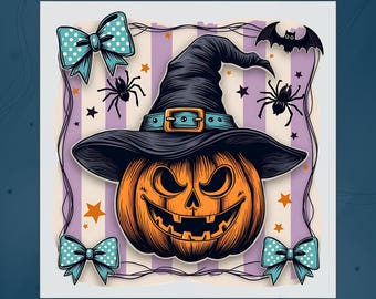 Cute Witch Pumpkin DTF Transfer, Halloween Coquette Bow, Girly Summerween Halloween Ready To Press, Pumpkin Witch Hat Bow Heat Press