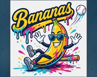 Transferencia Go Bananas Baseball DTF, Mascota de plátano con salpicaduras de neón lista para planchar, Gráfico de béisbol Savannah para planchar, Mascota de béisbol divertida DTF