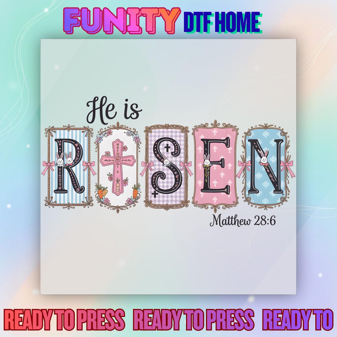 Christian He is Risen Tee DTF Transfer, Easter Cross Coquette Bow Ready ...