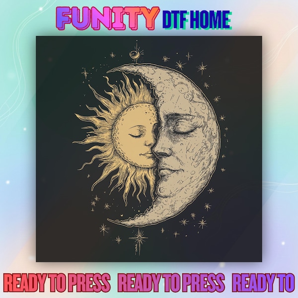 Transferencia DTF de rostro celestial entrelazado, impresión DTF de rostro de media luna dorada y sol, regalo con patrón espiritual listo para imprimir, DTF de armonía dorada