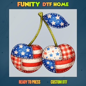 American Flag Cherry DTF Transfer, USA Flag Faux Patchwork Cherry Shirt Design, Independence Day Heat Transfer, 4th Of July Ready To Press