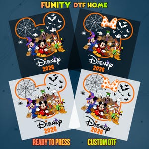 May include: Four square DTF transfers featuring Disney characters in Halloween costumes inside a Mickey Mouse ear outline. The design includes a spider web, bats, and the text Disney 2026. Two versions show Minnie Mouse with a polka dot bow, while two show her in a witch hat.