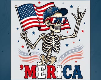 Merica Skeleton DTF Transfer, Funny Patriotic 4th Of July Design Heat Press, American Flag Skull Ready To Press, Funny Merica DTF, Iron On