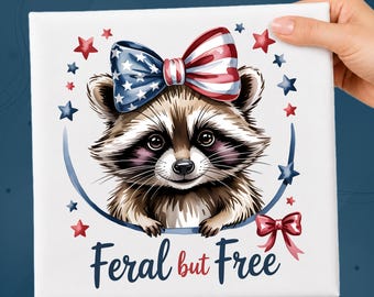 Feral But Free Raccoon DTF Transfer, Patriotic Raccoon Ready To Press, USA 250th Anniversary Heat Press, American Flag Bow Iron on Transfer