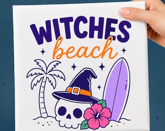 Witches Beach DTF Transfer, Summerween Beach Witch Skull, Funny Summerween Halloween Ready To Press, Tropical Skull Surfboard Halloween DTF