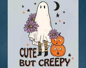 Cute But Creepy Halloween DTF Transfer, Ghost With Pumpkin, Cute Spooky Season Shirt Design Ready To Press, Halloween Summerween Heat Press