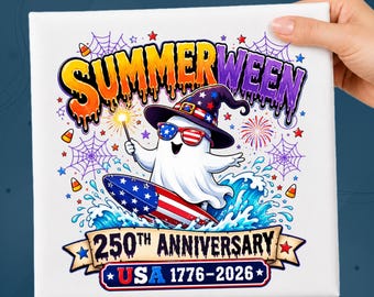 Summerween DTF Transfer, Patriotic Ghost Heat Press, USA 250th Anniversary Cute Ghost Ready To  Press, American Ghost Surfing Design Iron on