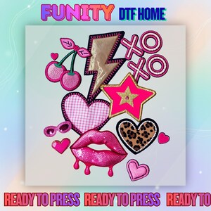 May include: A collection of iron-on patches in various shapes and colors. Includes pink cherries, a gold lightning bolt, pink hearts, a pink star, lips, and the text "READY TO PRESS". The top text reads "FUNITY DTF HOME".