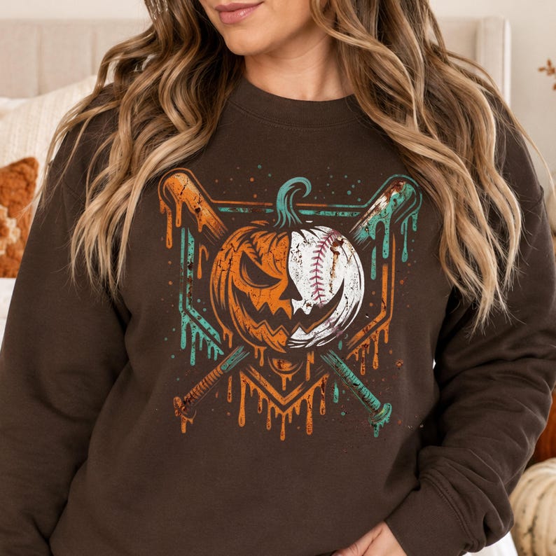 May include: A dark brown crewneck sweatshirt featuring a graphic print of a pumpkin and baseball hybrid design. The graphic shows a split face with a jack-o'-lantern on one side and a baseball on the other, set against two crossed baseball bats.