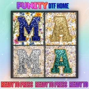 Peut inclure: Un design carré avec les lettres "M" et "A" dans un style scintillant. Les lettres sont en bleu, or, argent et sarcelle, chacune sur un fond floral. Les mots "READY TO PRESS" sont en bas et "FUNITY DTF HOME" en haut.