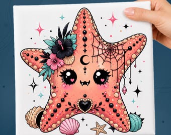 Cute Gothic Starfish DTF Transfer, Cute Spooky Starfish, Spooky Coastal Summerween Design Ready To Press, Gothic Beach Shirt Heat Press