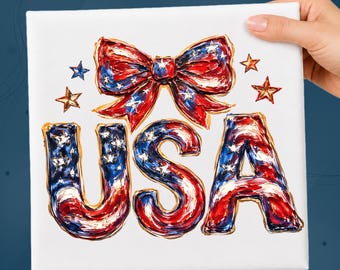 Patriotic USA Bow DTF Transfer, American Flag Coquette Bow Ready To Press, USA 250th Anniversary Heat Press, Hand Painted 4th Of July Dtf