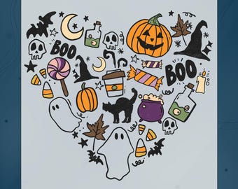 Halloween Icons DTF Transfer, Ghost Pumpkin Witch Collage Graphic Ready To Press, Cute Halloween Heart Heat Press, Halloween Ghost Iron on