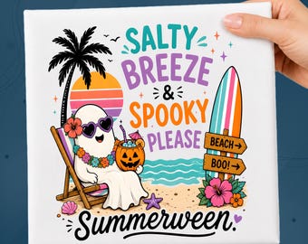 Salty Breeze Spooky Please DTF Transfer, Halloween Summerween Beach Ghost Ready To Press, Coastal Tropical Spooky Ghost Shirt Heat Press