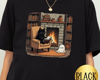 Funny Halloween Teacher Shirt, Retro Cat Ghost Reading Books