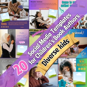 Social media graphics for authors - INSTANT DOWNLOAD – 3D book cover mock-up – pre-made Canva templates - diverse kids
