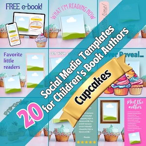 Social media graphics for authors - INSTANT DOWNLOAD – 3D book cover mock-up – pre-made Canva templates - turquoise cupcakes