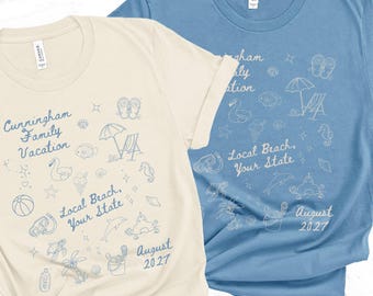 Matching Custom Family Beach Vacation Shirt, Personalized Group Gift for Beachy Vacation, Beach House Summer Sandcastles Snorkeling Trip Tee