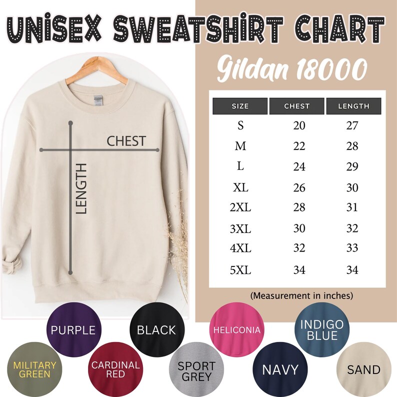 May include: A beige unisex sweatshirt displayed on a hanger, with a size chart for Gildan 18000 sweatshirts. The chart shows chest and length measurements in inches for sizes S to 5XL. Color swatches include purple, black, and navy.