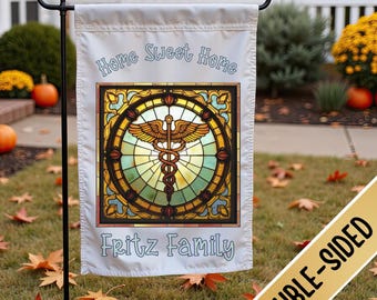 Elegant Unique Caduceus Garden Flag, Outdoor Custom Decor, Personalized Porch Decoration, New Home Housewarming Gift, Family Name Doctor