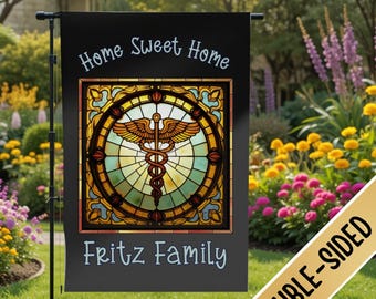 Elegant Unique Caduceus Garden Flag, Outdoor Custom Decor, Personalized Porch Decoration, New Home Housewarming Gift, Family Name Doctor