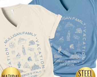 Matching Custom Family European Vacation Shirt, Personalized Group Gift for Greece and Italy Vacation, Summer Girls Europe Trip V-Neck Tee