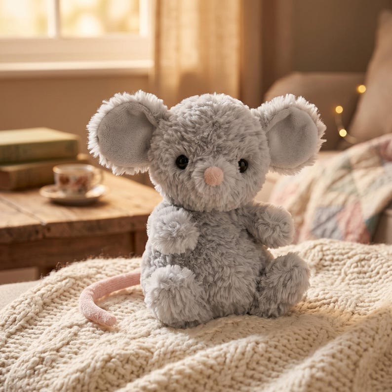 Peut inclure: Une peluche grise en forme de souris avec de grandes oreilles, des yeux noirs et un nez et une queue roses. L'animal en peluche est assis sur une couverture en tricot cr&egrave;me. Un jouet charmant et c&acirc;lin pour enfants.
