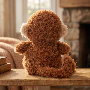 Peut inclure: Un singe en peluche marron avec une texture de fourrure boucl&eacute;e, assis sur une surface en bois. Le singe a des oreilles beige clair et est positionn&eacute; dos au spectateur. L'arri&egrave;re-plan comprend une chemin&eacute;e et une fen&ecirc;tre.