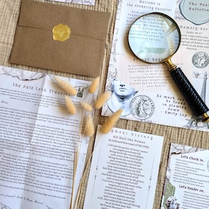 May include: A collection of vintage-style stationery items, including a brown envelope with a gold wax seal, printed cards, and a magnifying glass. The items are arranged on a textured surface, evoking a sense of nostalgia and reflection.