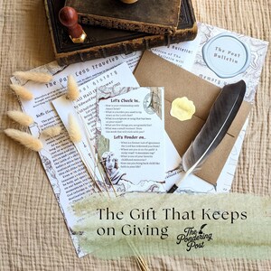 May include: An arrangement of vintage-style stationery, including aged paper, envelopes with wax seals, and a feather quill. The text "The Gift That Keeps on Giving" is visible, suggesting a thoughtful present. Dried floral accents add a rustic touch.