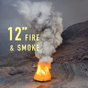 Puede incluir: Un accesorio de efecto de fuego y humo de 30 cm con una base naranja brillante que se convierte en una columna densa de humo blanco y gris, sobre un fondo de paisaje montañoso rocoso con el texto 12" FIRE & SMOKE.