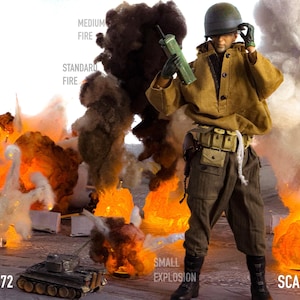 Pu&ograve; includere: Un action figure di soldato in scala 1:6 con giacca beige, pantaloni scuri e casco, che tiene in mano una radio verde. La scena include vari effetti di esplosione e fuoco in fibra etichettati large, medium, small, standard e un carro armato 1:72.