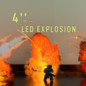 Könnte beinhalten: Eine Miniatur-Szene einer LED-Explosion, 102 mm breit, mit einer kleinen Figur. Das Bild zeigt leuchtend orange und gelbe Flammen mit weißem Rauch, was eine dynamische und dramatische Optik erzeugt.