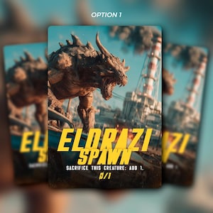 May include: A trading card depicting a brown, horned monster with the text "Eldrazi Spawn." The card includes the text "Sacrifice this creature: Add 1." and "0/1" in yellow. The background shows a blurred industrial scene with the text "Option 1".