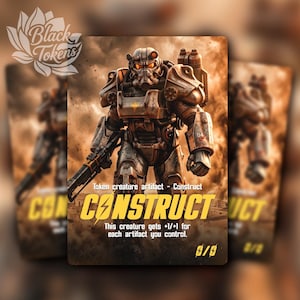 Könnte beinhalten: Eine Sammelkarte mit einer detaillierten Illustration eines Konstrukt-Charakters in Kampfrüstung. Die Karte trägt das Wort "CONSTRUCT" in großen gelben Buchstaben. Der Text "This creature gets +1/+1 for each artifact you control."