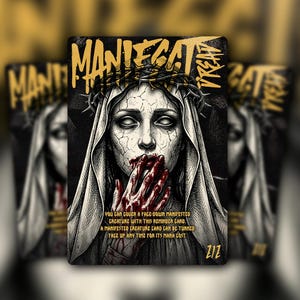Può includere: Una carta con un design scuro e gotico raffigurante una donna con una corona di spine, sangue sulle mani e sulla bocca, e la parola "MANIFEST" in oro. La carta include testo su una creatura manifestata e il suo costo di mana.
