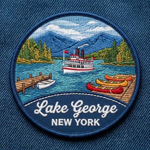 Lake George New York Embroidered Patch, Upstate NY Travel Souvenir Iron On Applique, Nature Steamboat Canoe Backpack Patch