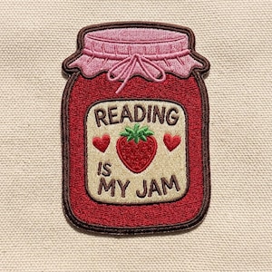 Embroidered Reading Jam Jar Patch, Strawberry Book Lover Iron On Applique
